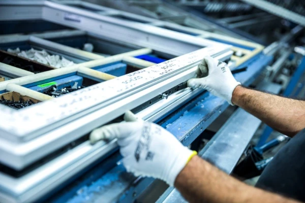 Fertigung eines weißen Fensterrahmens.