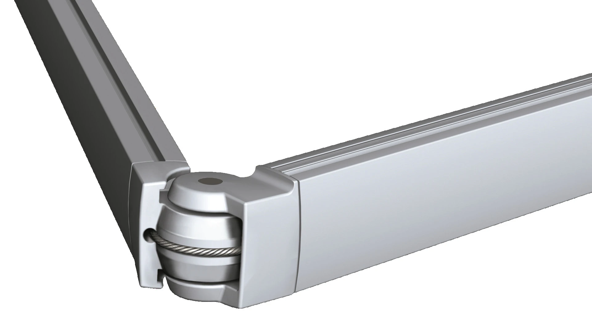 Detailansicht einer silbernen Eckverbindung mit Kabelrolle